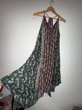 kori america maxi dress Maxi Dress Sleeve Monsoon Linen Dress Kori America Sz M Black Ivory Floral  Print Dress 